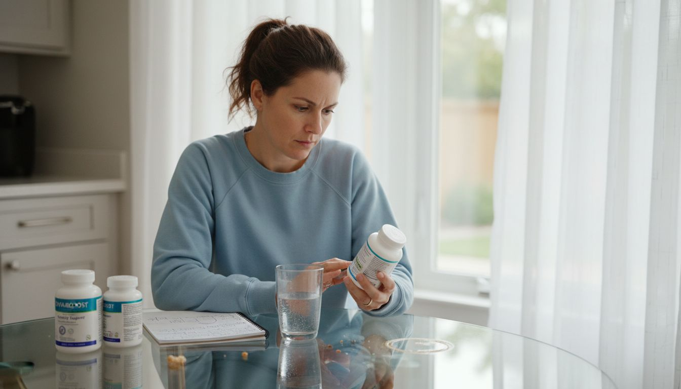Woman reading fertility supplement label