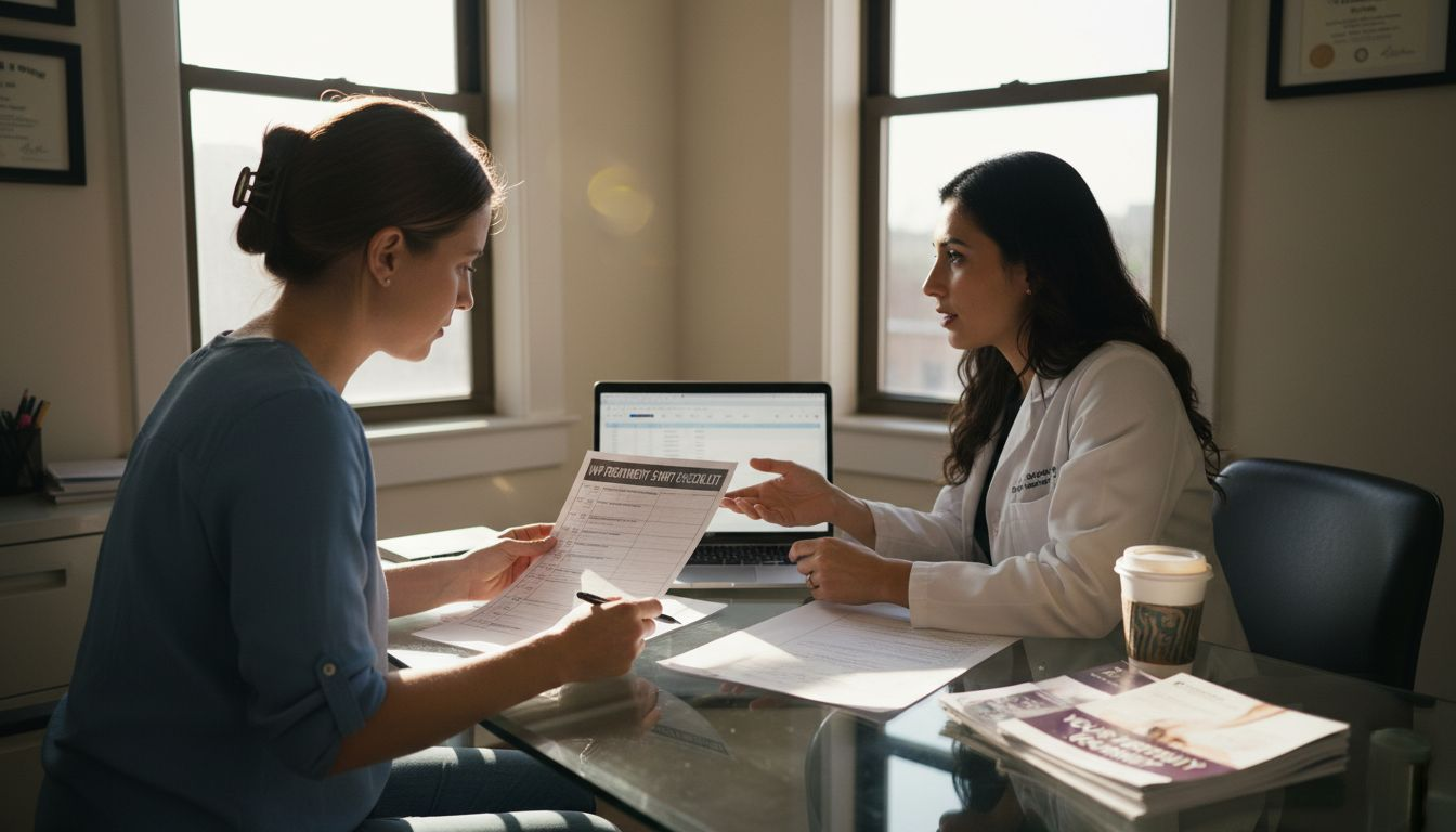 Patient reviews fertility treatment checklist with doctor