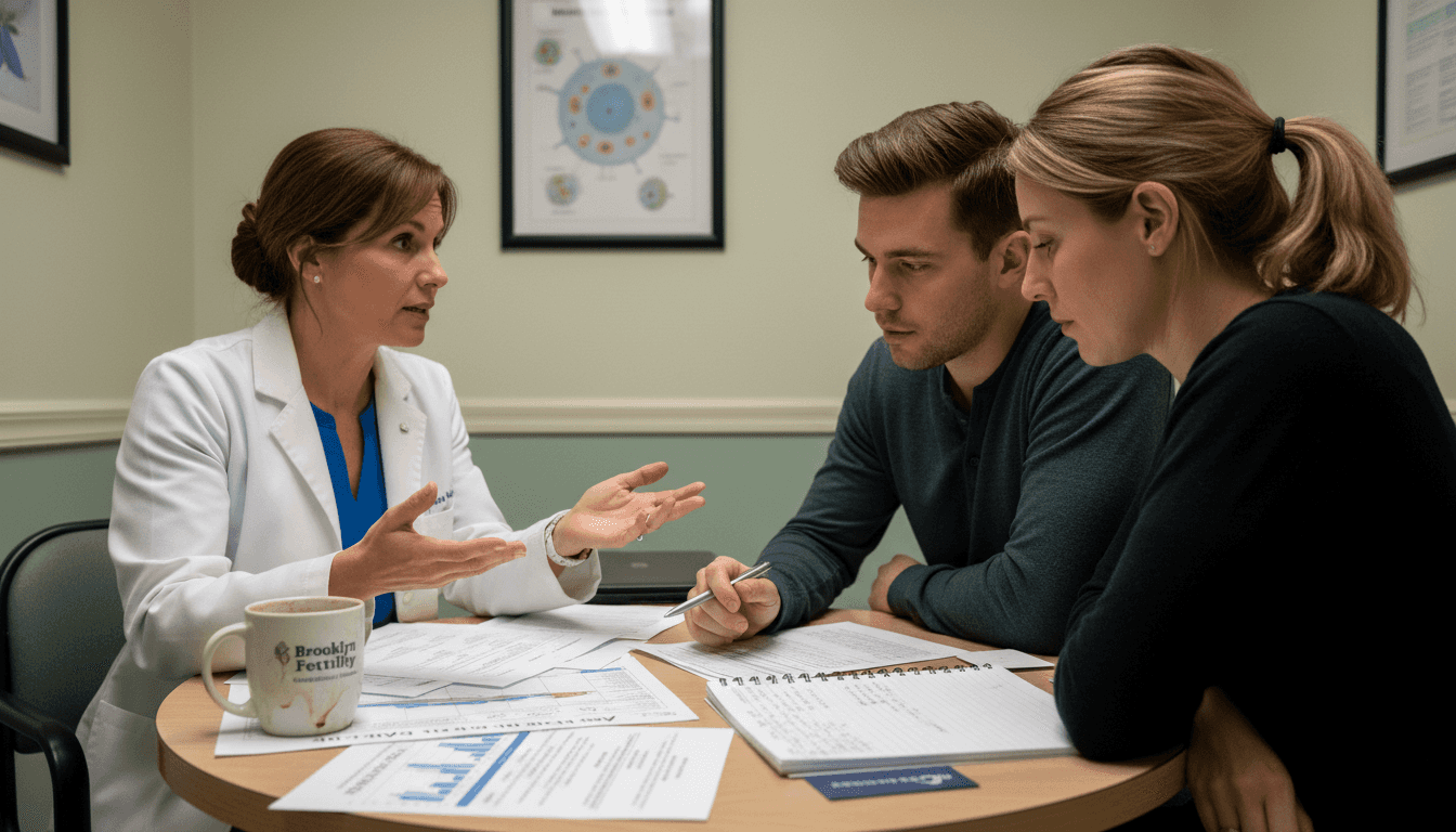 Doctor consulting couple about fertility stats