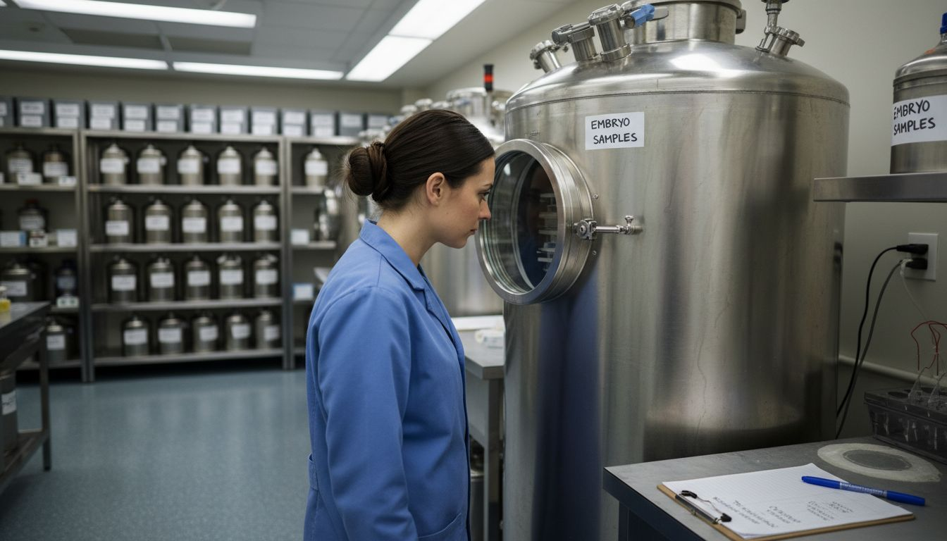 Embryologist checks egg freezing tank in lab