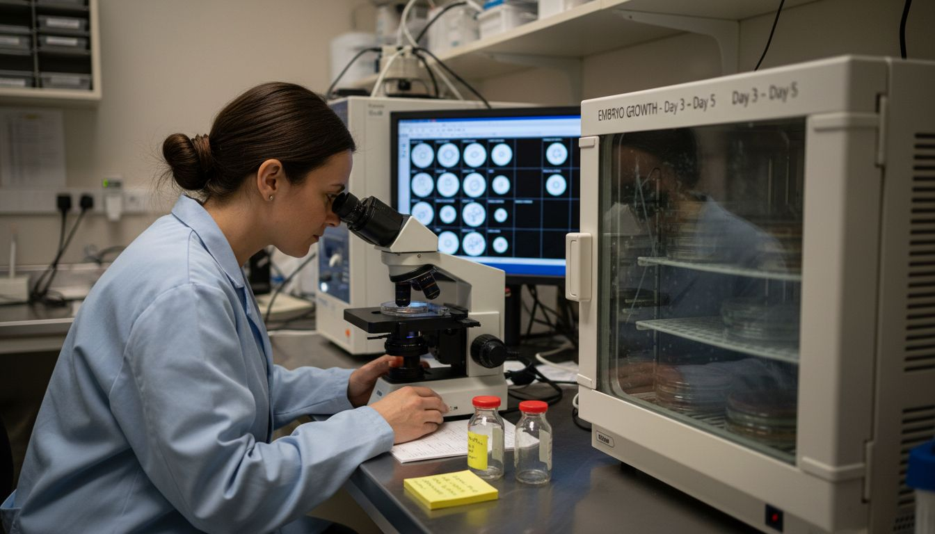 Embryologist examining embryos in IVF laboratory