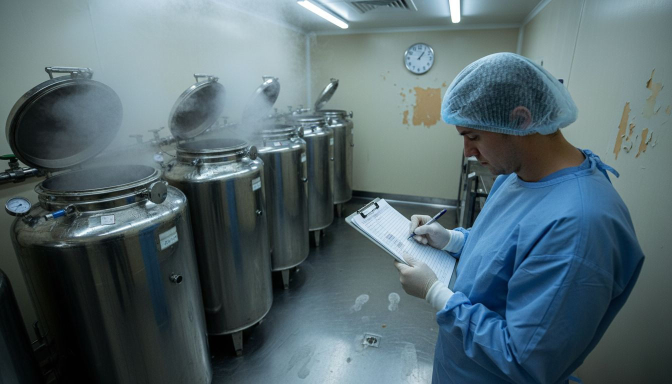 Technician monitors egg storage in cryogenic lab