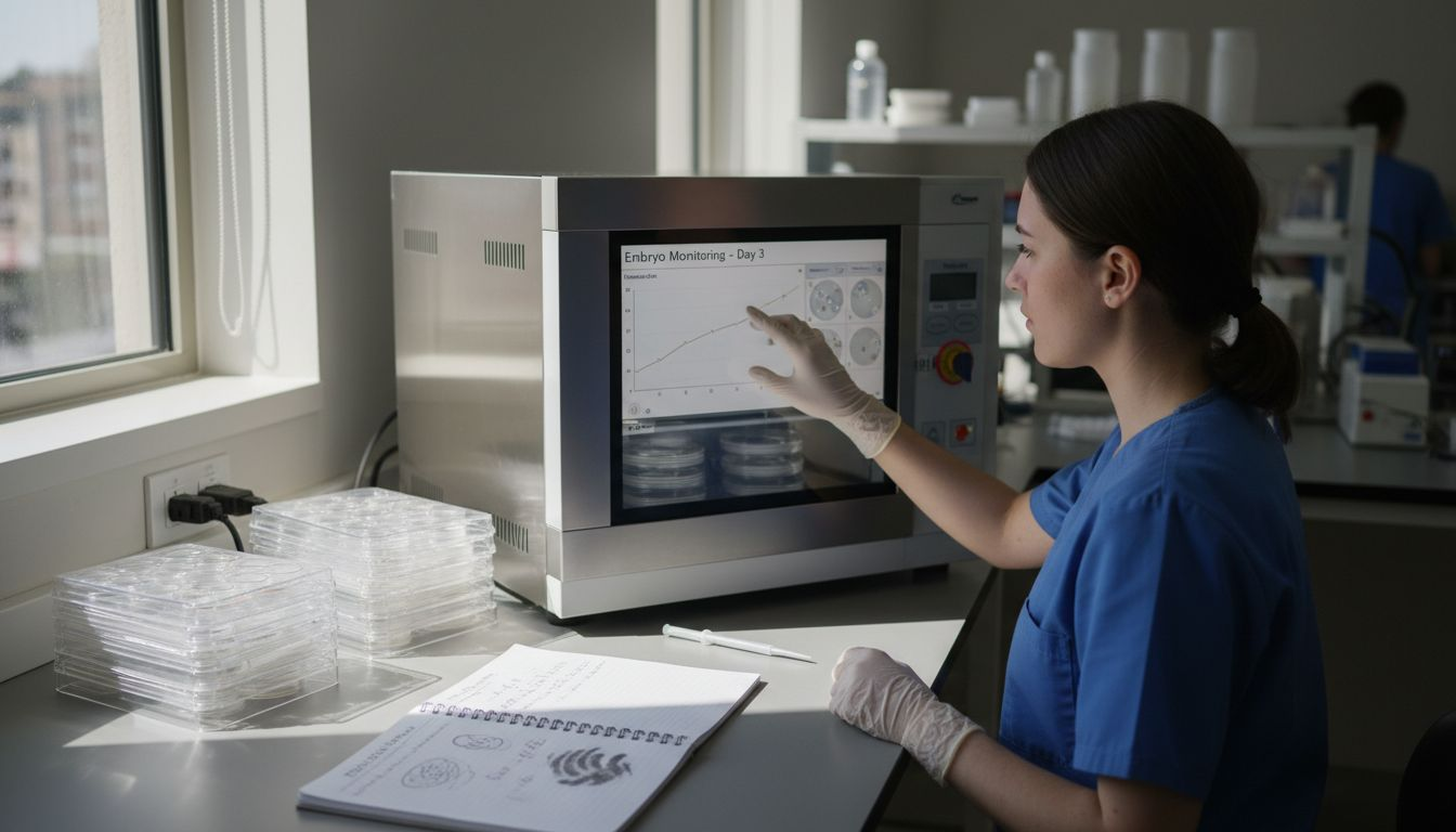 Technician using embryo monitoring incubator