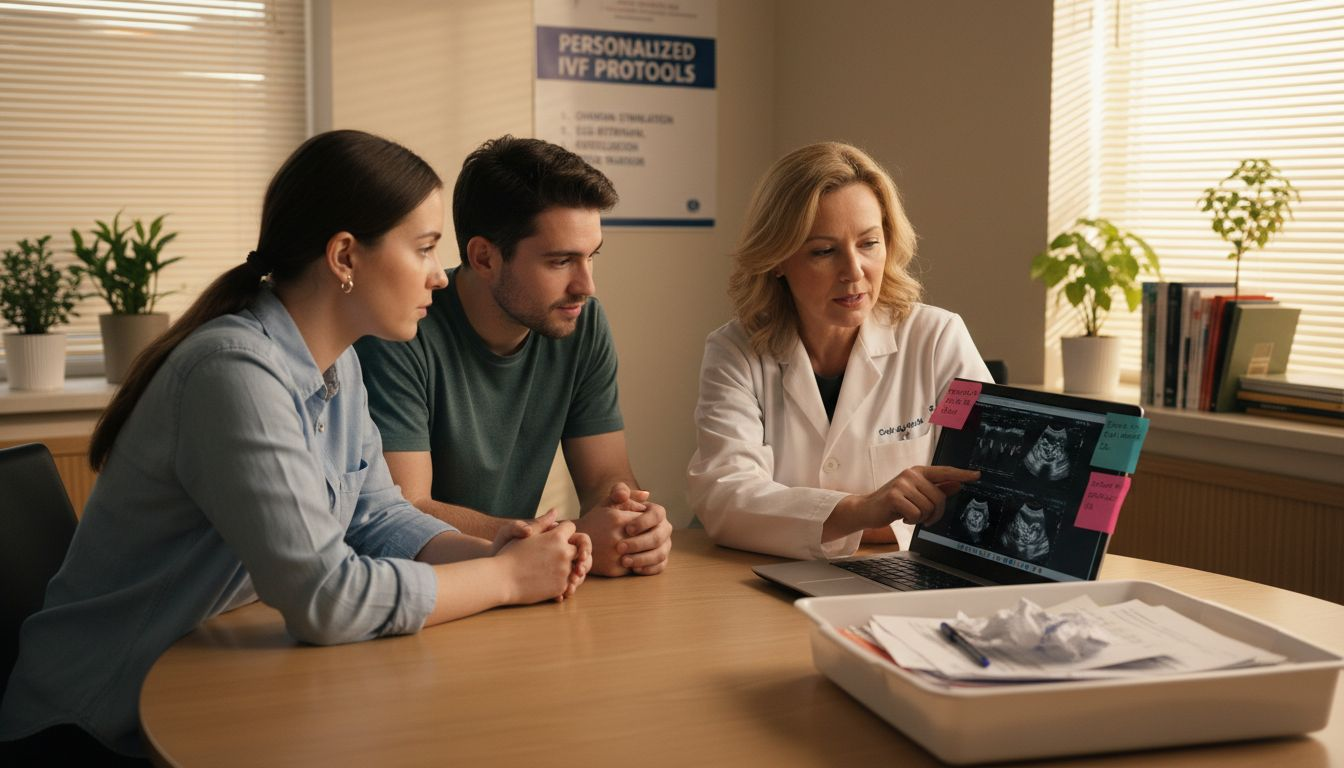 Fertility doctor consulting couple with AI charts