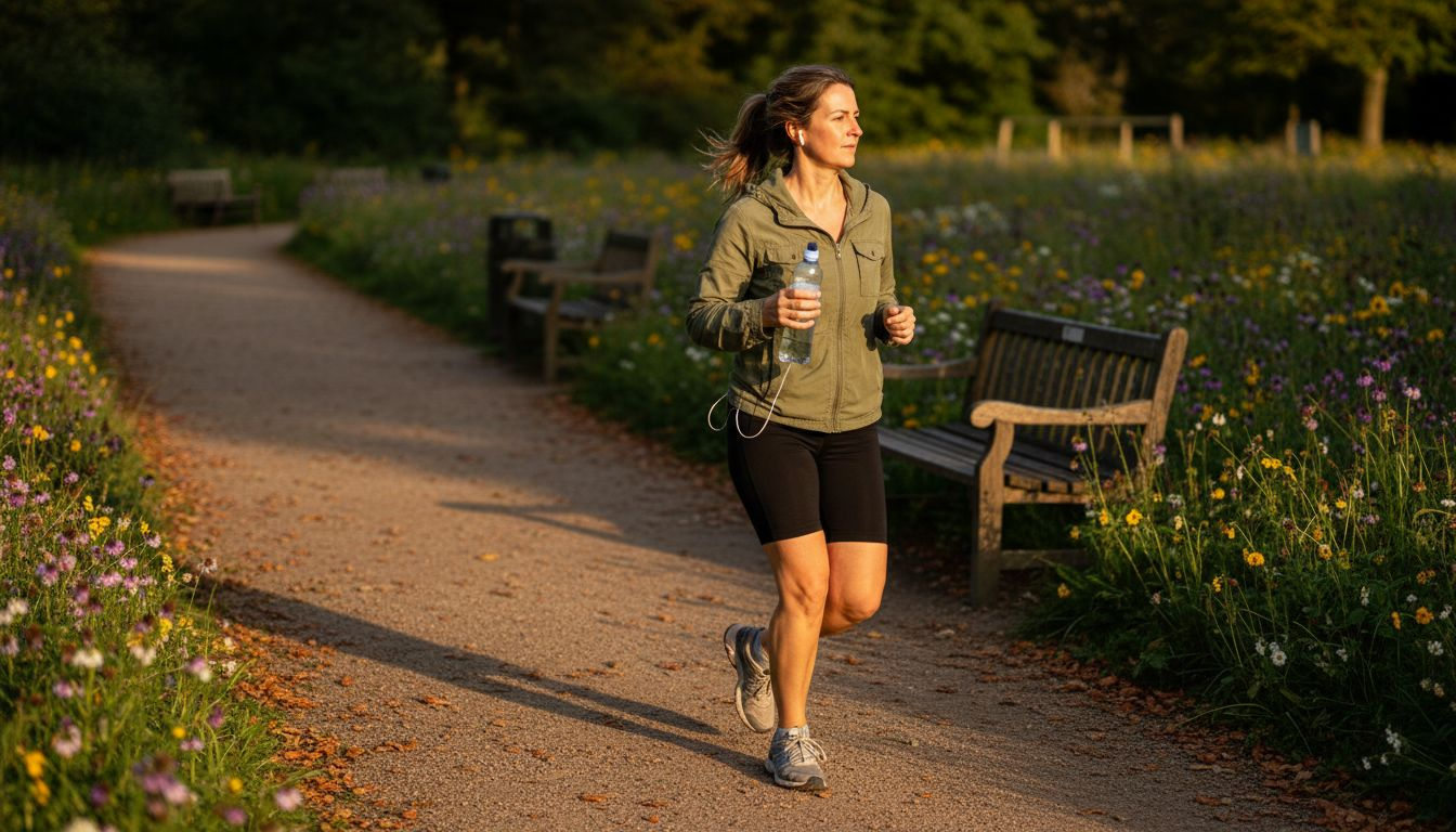 Woman jogging through park in evening light