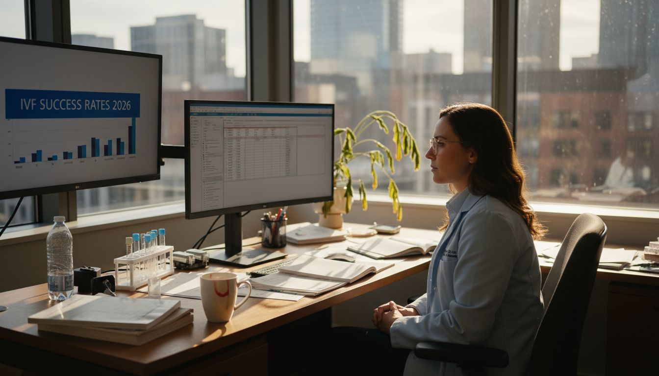 Fertility specialist reviewing IVF technology workspace