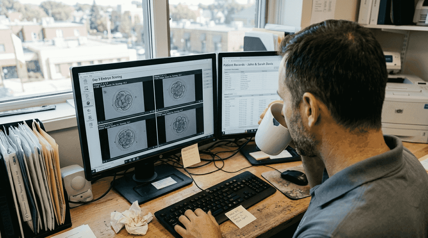 Technician evaluating embryos with AI tools