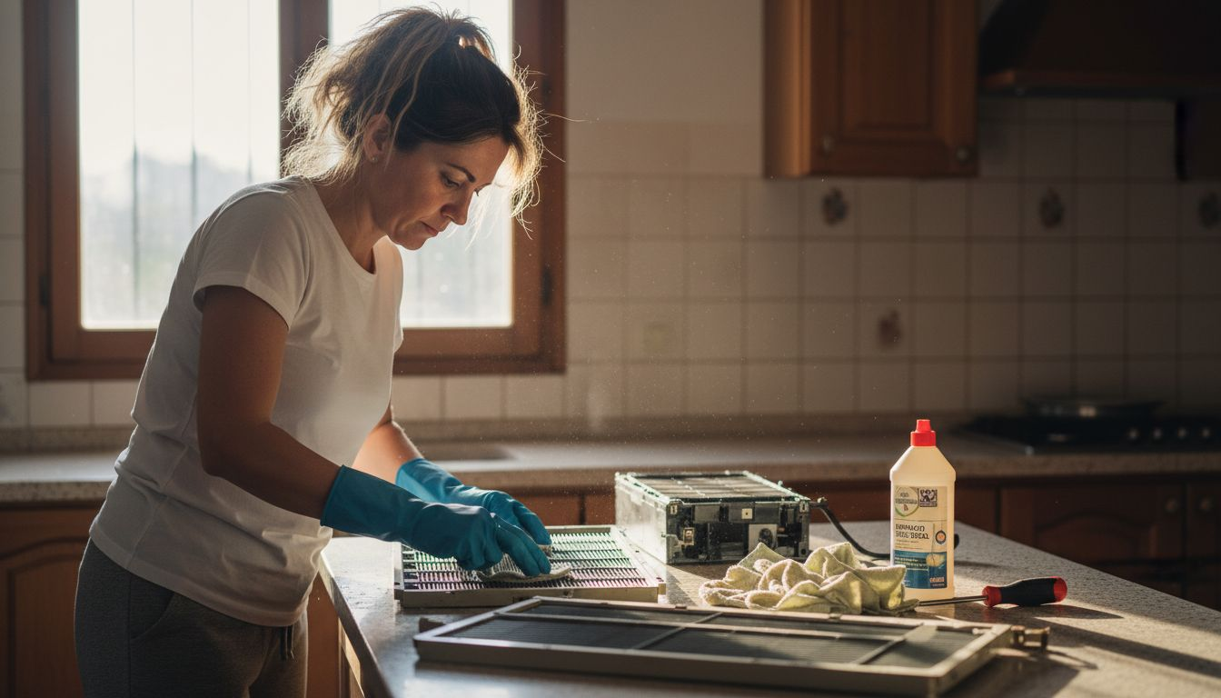 Guía paso a paso reparación aire acondicionado en casa 2 Una mujer realiza la limpieza de un aparato de aire acondicionado.
