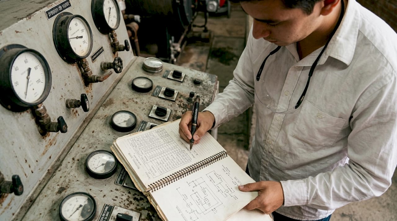 Técnico tomando nota de los valores de la caldera