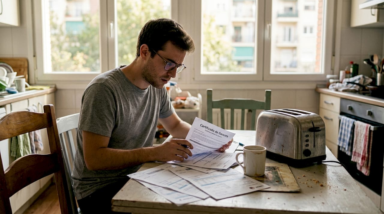 Hombre revisando la garantía y los documentos de la reparación
