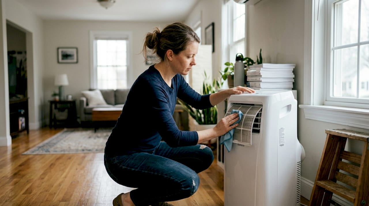 Mujer realizando la limpieza del filtro del aire acondicionado en su casa