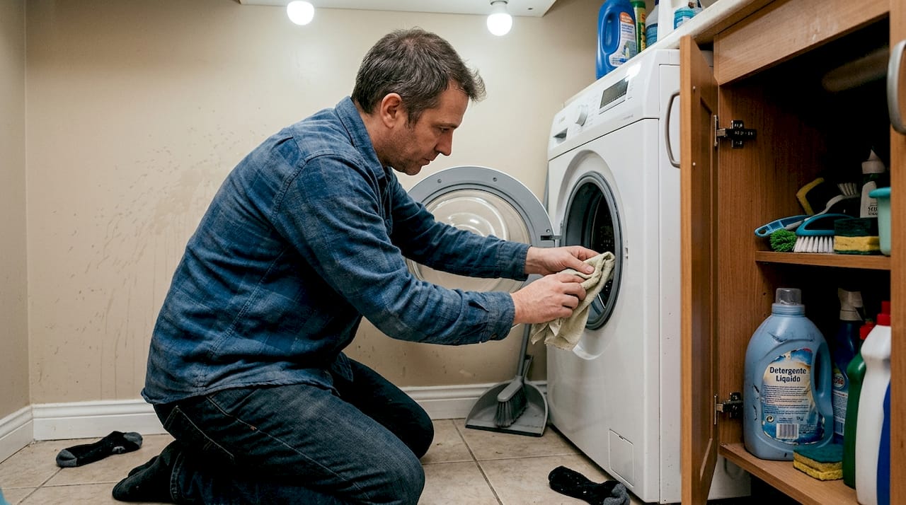 Hombre limpiando la goma de la lavadora