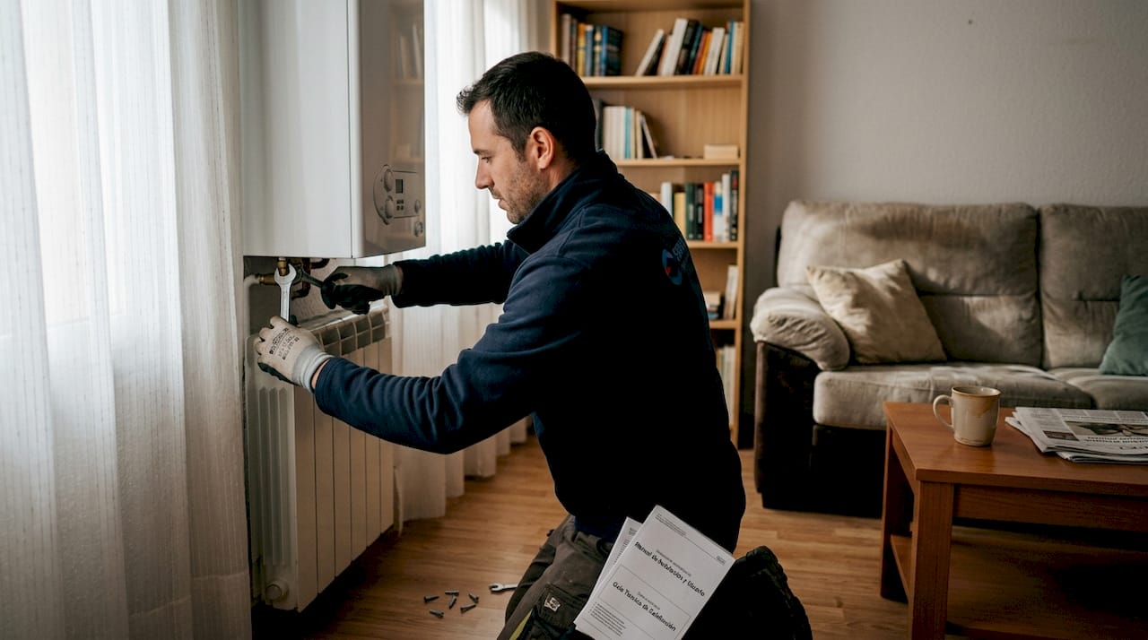 Técnico instalando un sistema de calefacción en el salón de una vivienda
