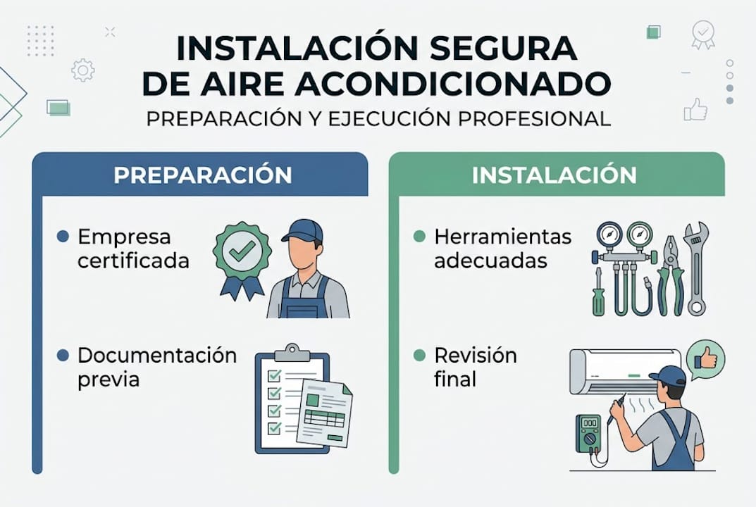 Infografía con los pasos para instalar un aire acondicionado