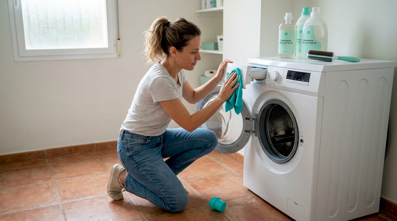 Mujer limpiando el cajetín del detergente de la lavadora