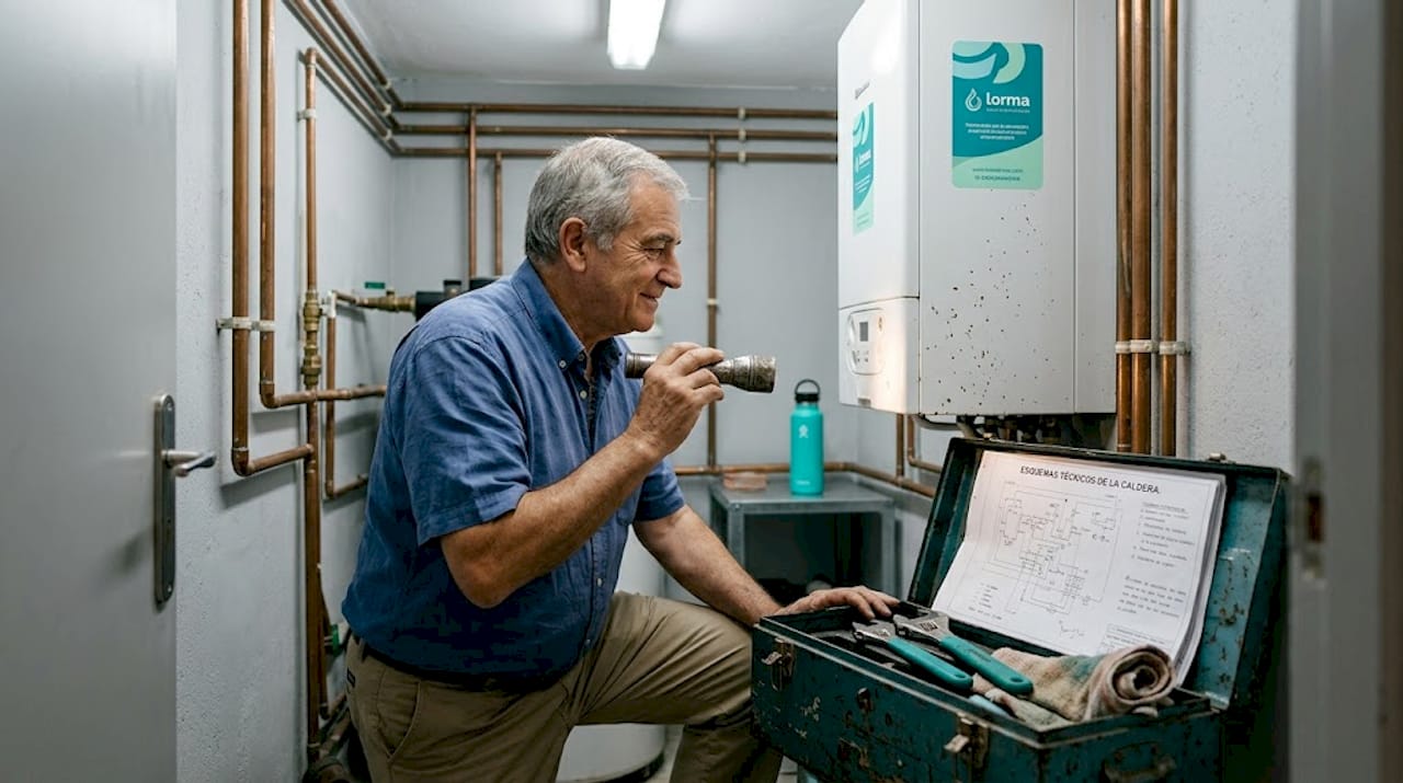 Especialista realizando el mantenimiento del calentador y la caldera
