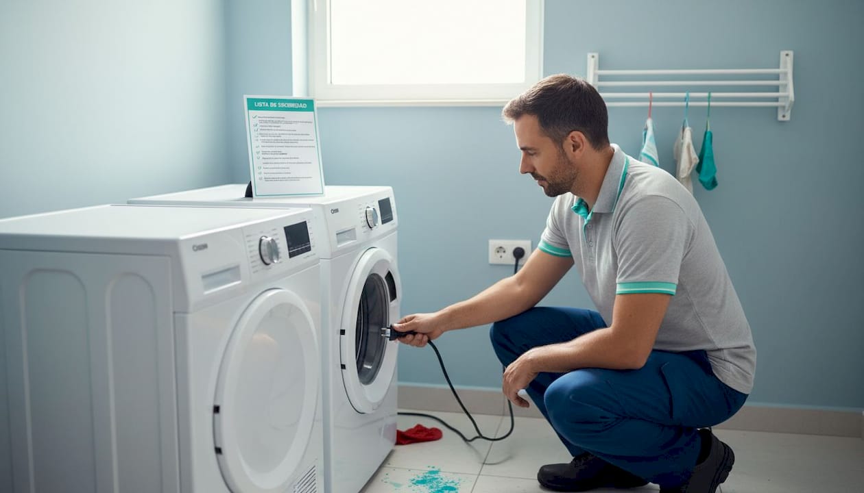 Hombre desenchufando la lavadora para realizar una reparación de forma segura