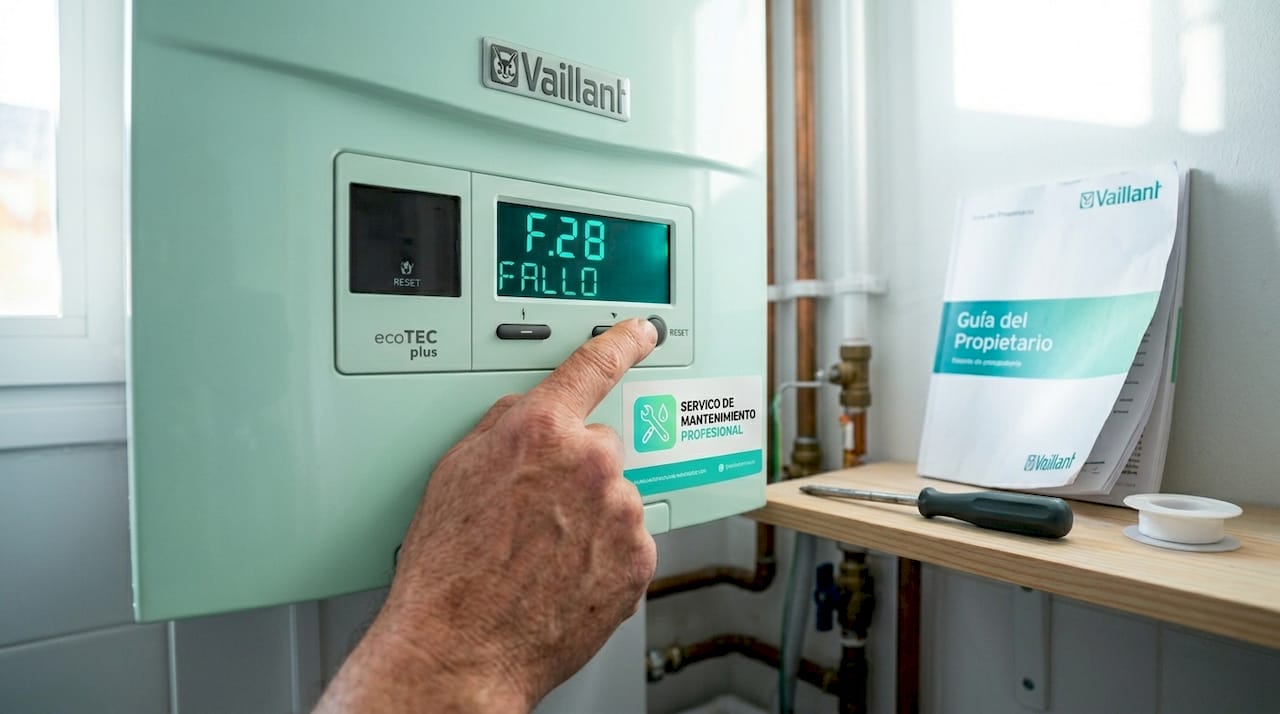 Una mano pulsando el botón de reinicio en una caldera Vaillant que muestra un error