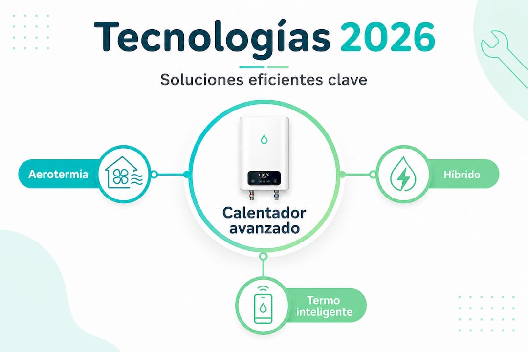 Infografía sobre las tecnologías más eficientes para calentadores, organizada de forma jerárquica.