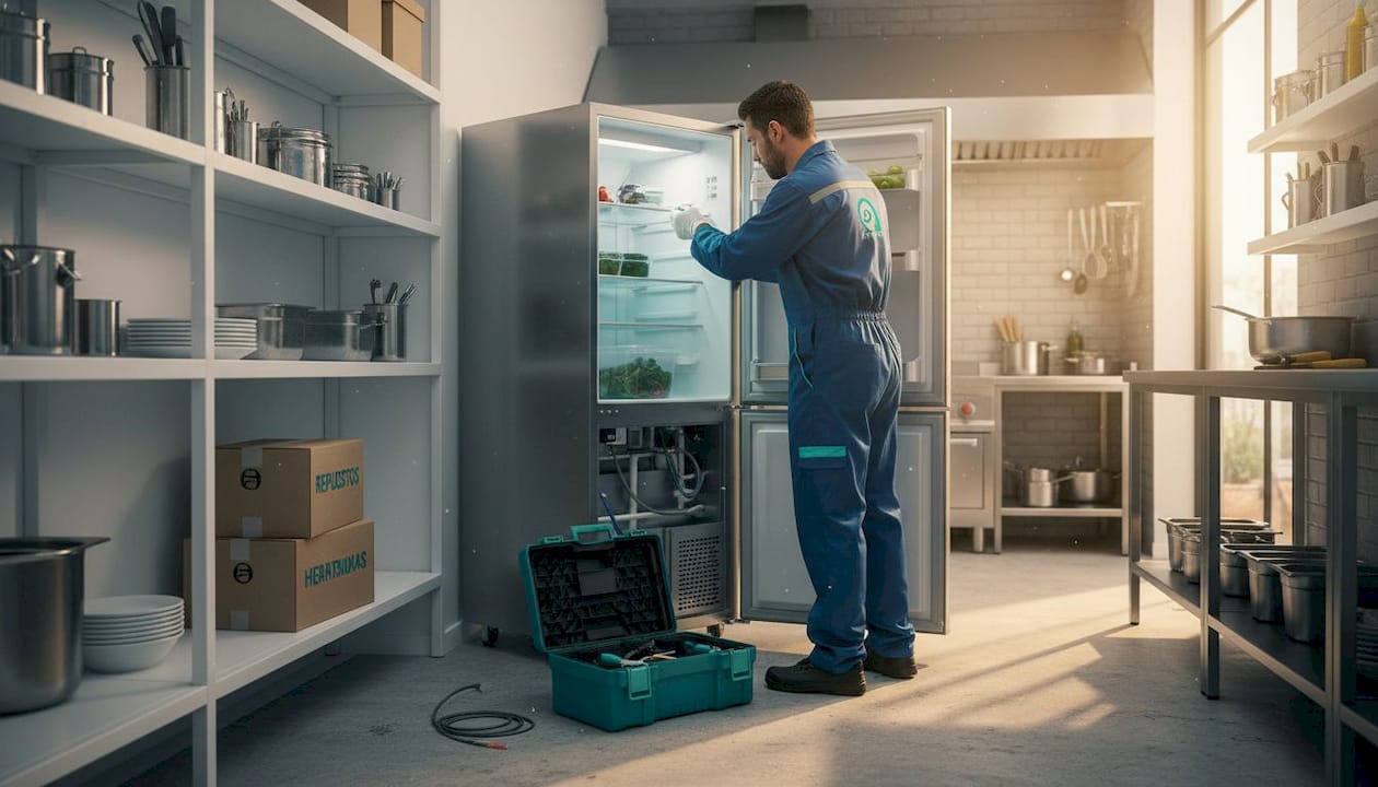 Un técnico realiza la revisión de las conexiones en un frigorífico industrial.