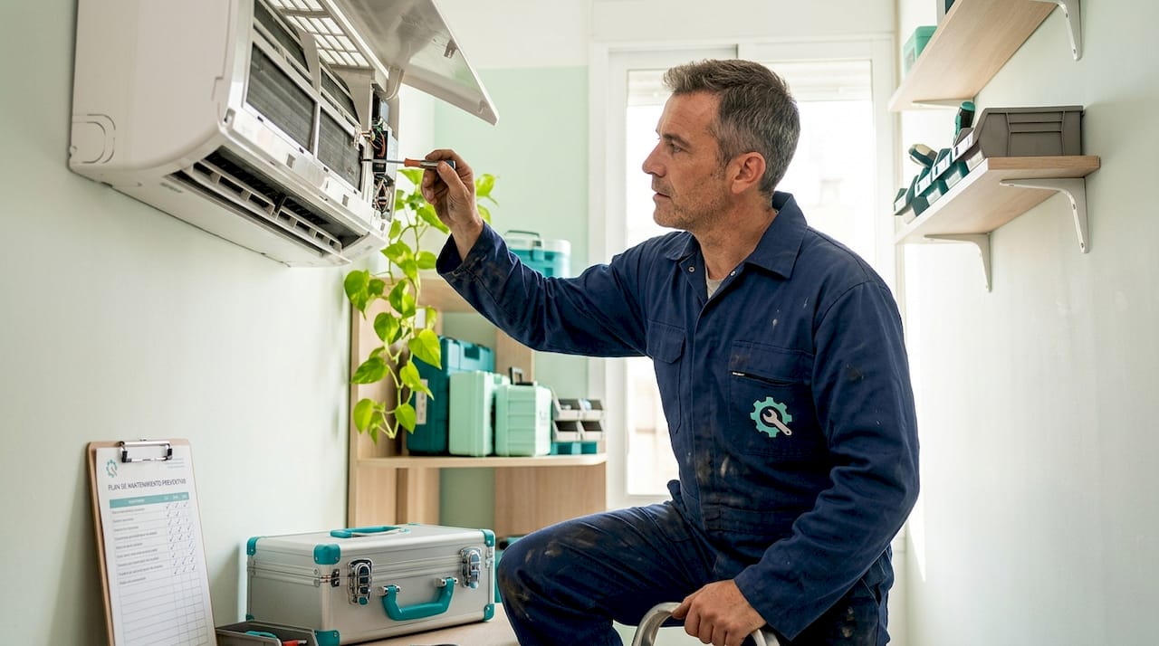 Un técnico realiza el mantenimiento de un aire acondicionado desmontado en la sala de equipos.