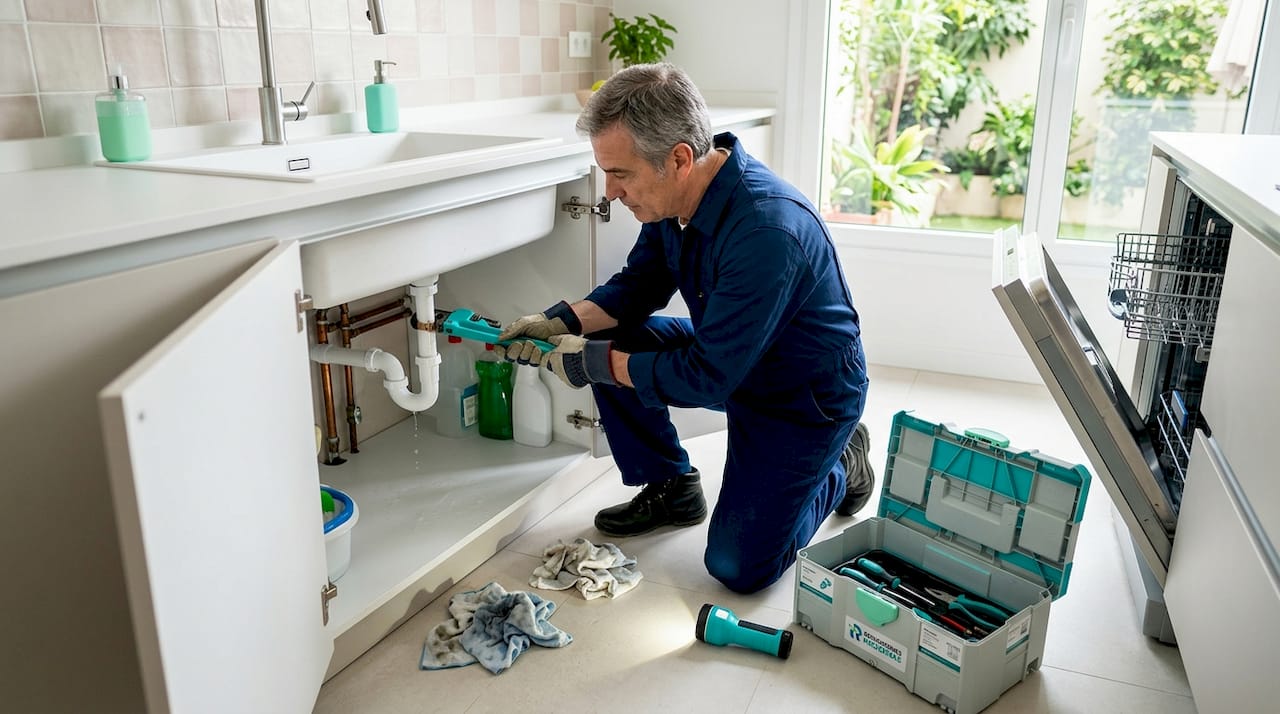 Un fontanero reparando una fuga de agua debajo del fregadero de la cocina