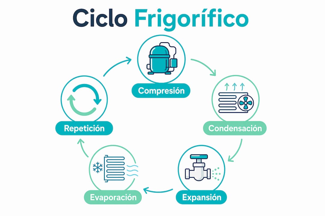 Infografía que muestra las distintas etapas del funcionamiento del ciclo de refrigeración en un sistema de aire acondicionado.