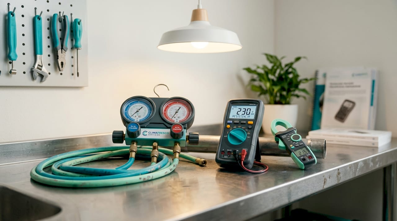 Manual diagnóstico equipos climatización: guía práctica 2 Equipo de diagnóstico de climatización dispuesto sobre la mesa