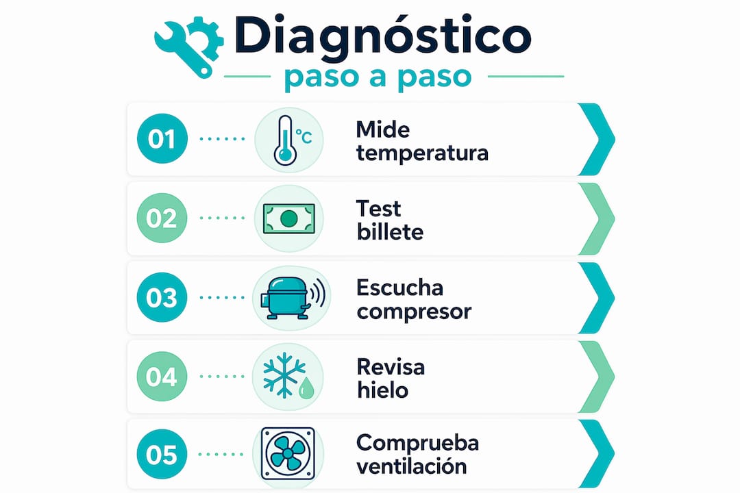 Infografía con los pasos esenciales para identificar qué le pasa a tu nevera