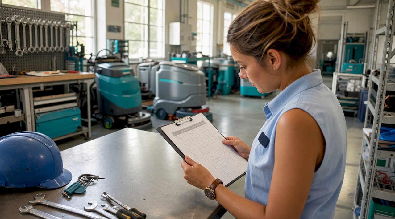 Técnico señalando la lista de tareas de mantenimiento en una carpeta