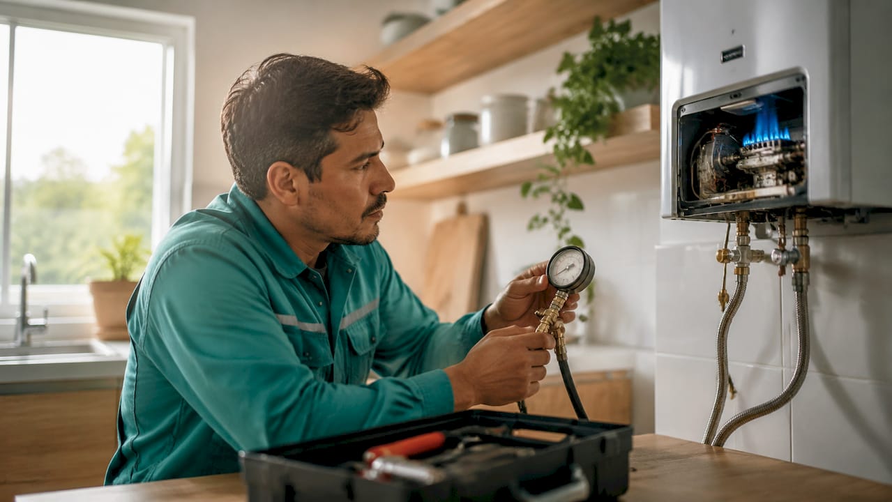 Técnico comprobando la intensidad de la llama del calentador de gas