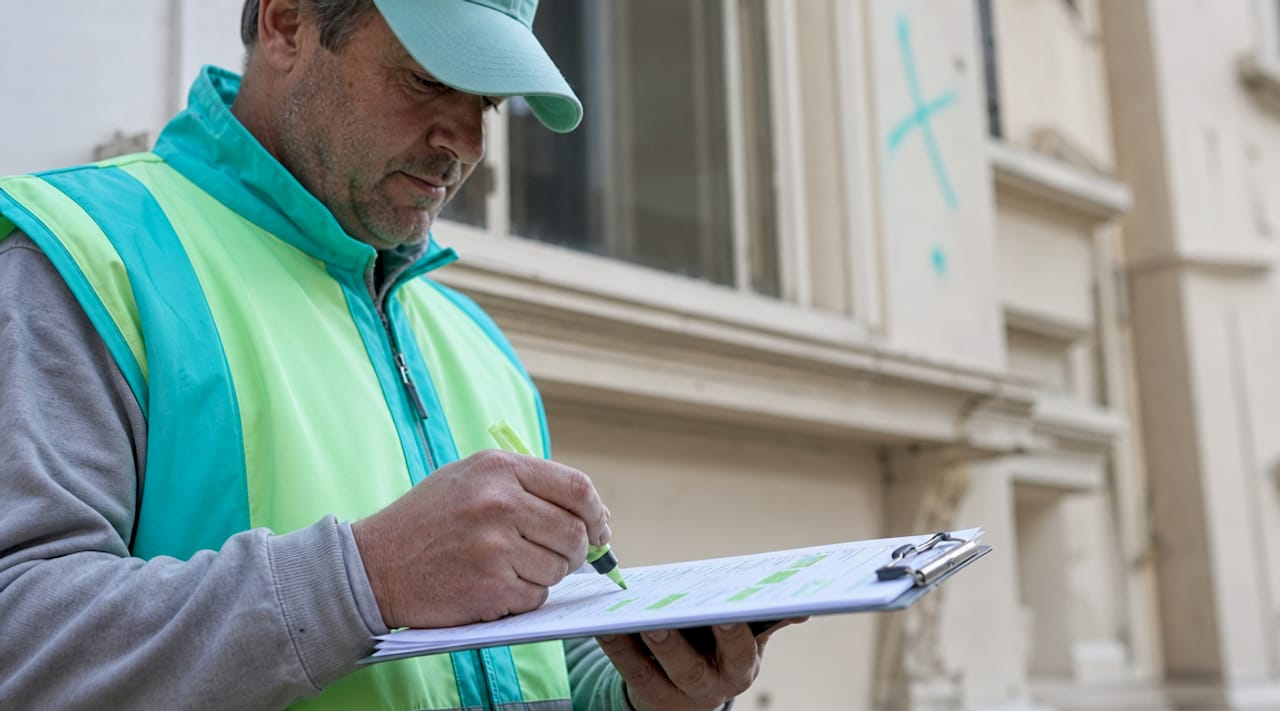 Un técnico revisa al aire libre la lista de tareas de mantenimiento.