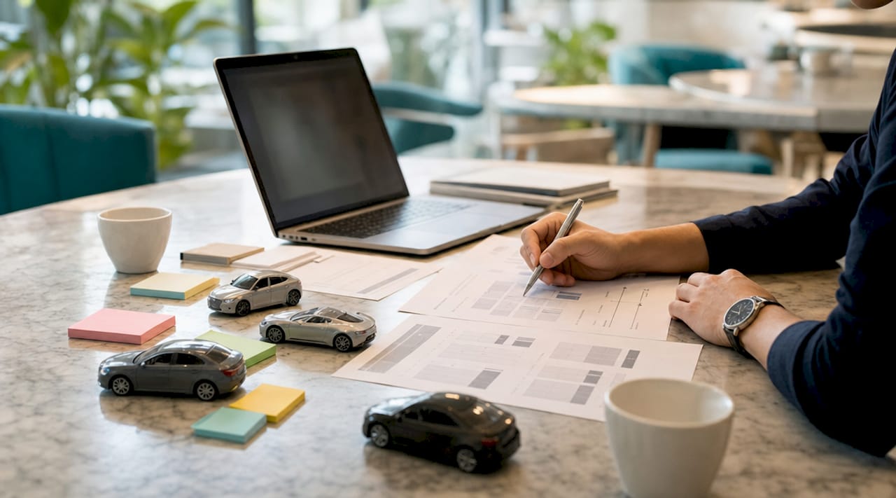 Riesgos de no hacer revisiones técnicas en 2026 3 Una mano señala unos papeles con imágenes de coches y una calculadora al lado.
