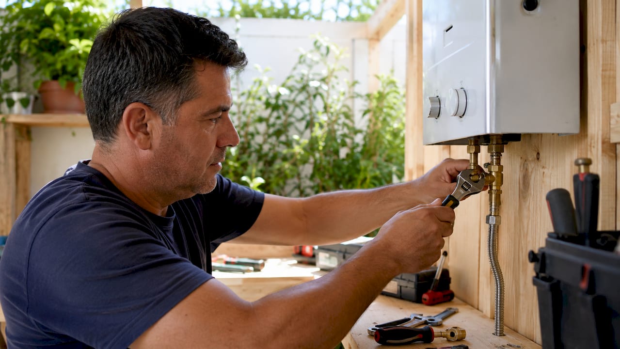 Profesional realizando la instalación de un calentador de gas instantáneo