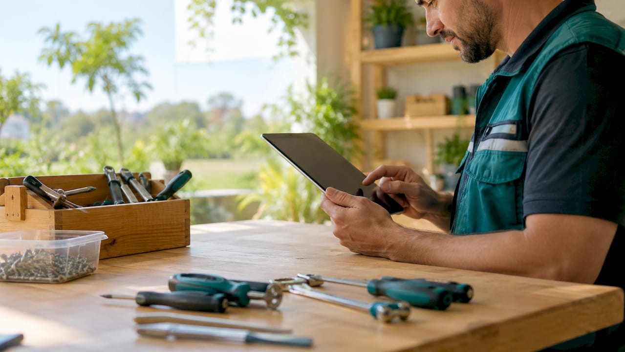 Un técnico revisando una tablet en la sala de estar de una casa