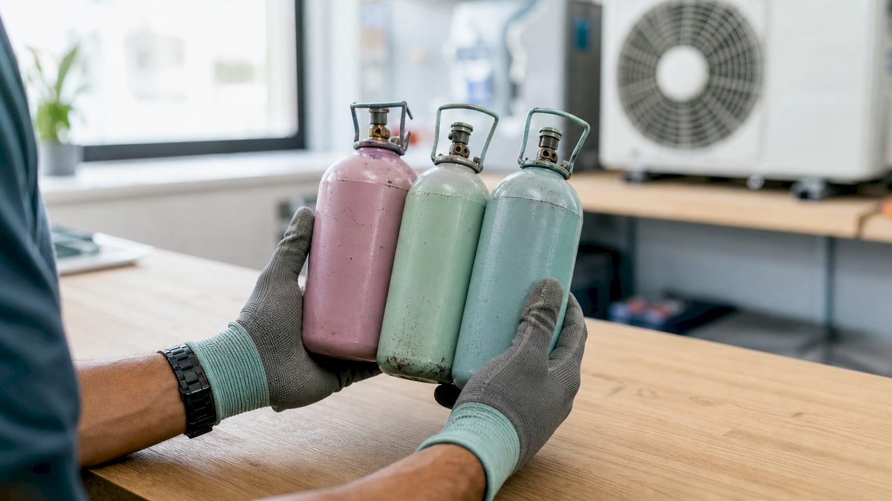 Manos sosteniendo cilindros de gas refrigerante