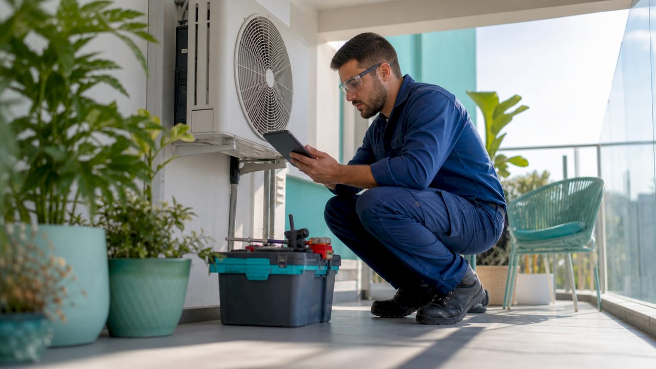 Especialista realiza mantenimiento al sistema de climatización en la sala de equipos.