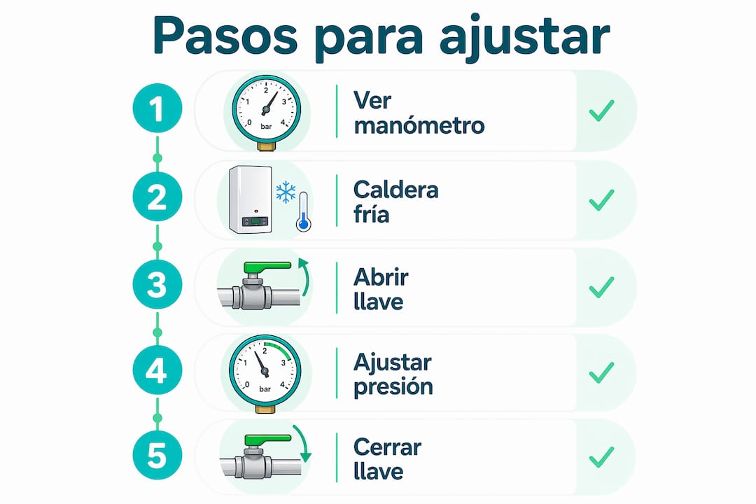 Guía visual con los pasos para regular la presión de la caldera