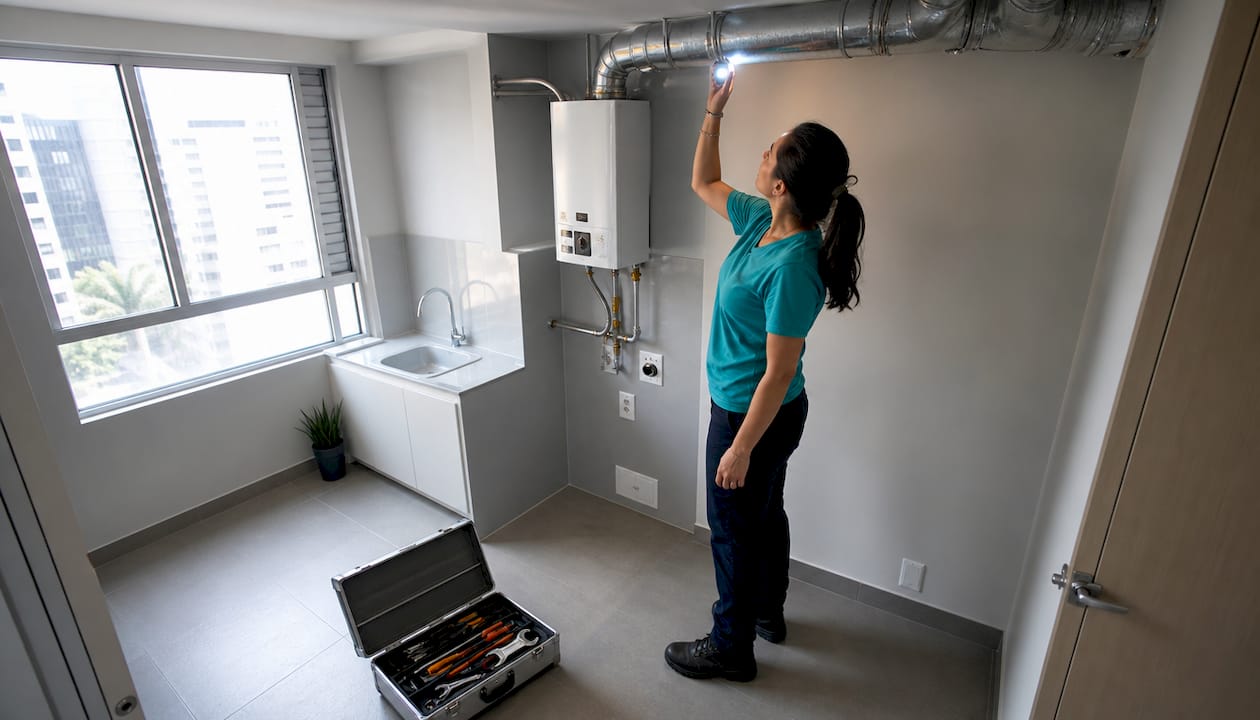 Técnico revisando la ventilación del calentador de agua