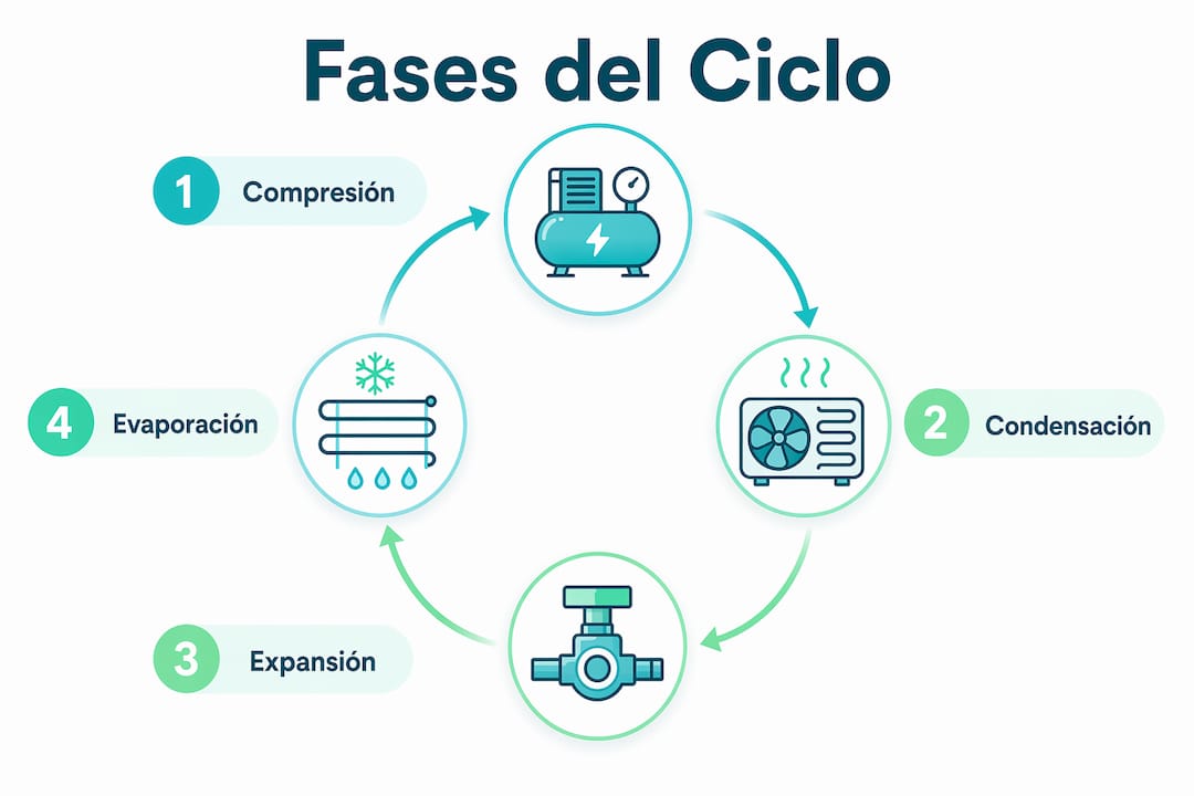 Representación visual de las cuatro etapas principales del ciclo de refrigeración