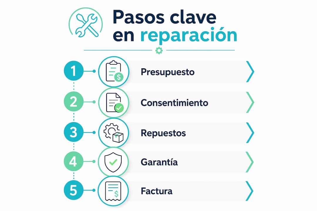 Infografía con los pasos esenciales que debes seguir según la normativa de reparaciones