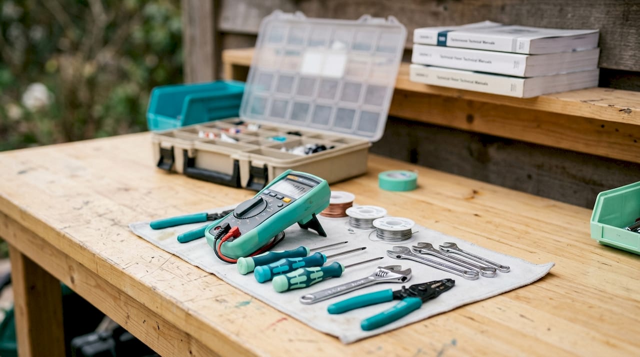 Mesa equipada con todo lo necesario para arreglar un termopar