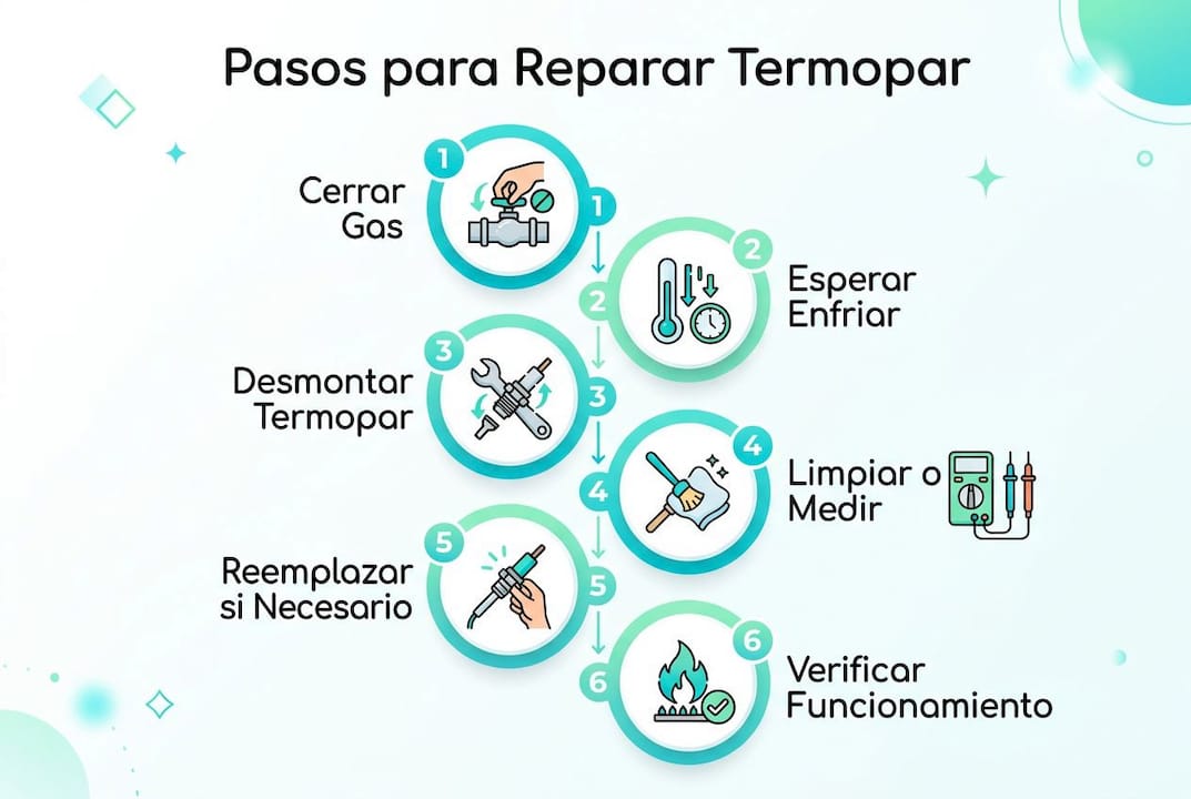Guía visual con los pasos para arreglar el termopar de tu calentador
