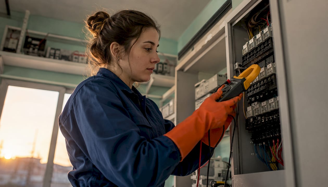 Técnico electricista revisando el cuadro eléctrico con una pinza amperimétrica
