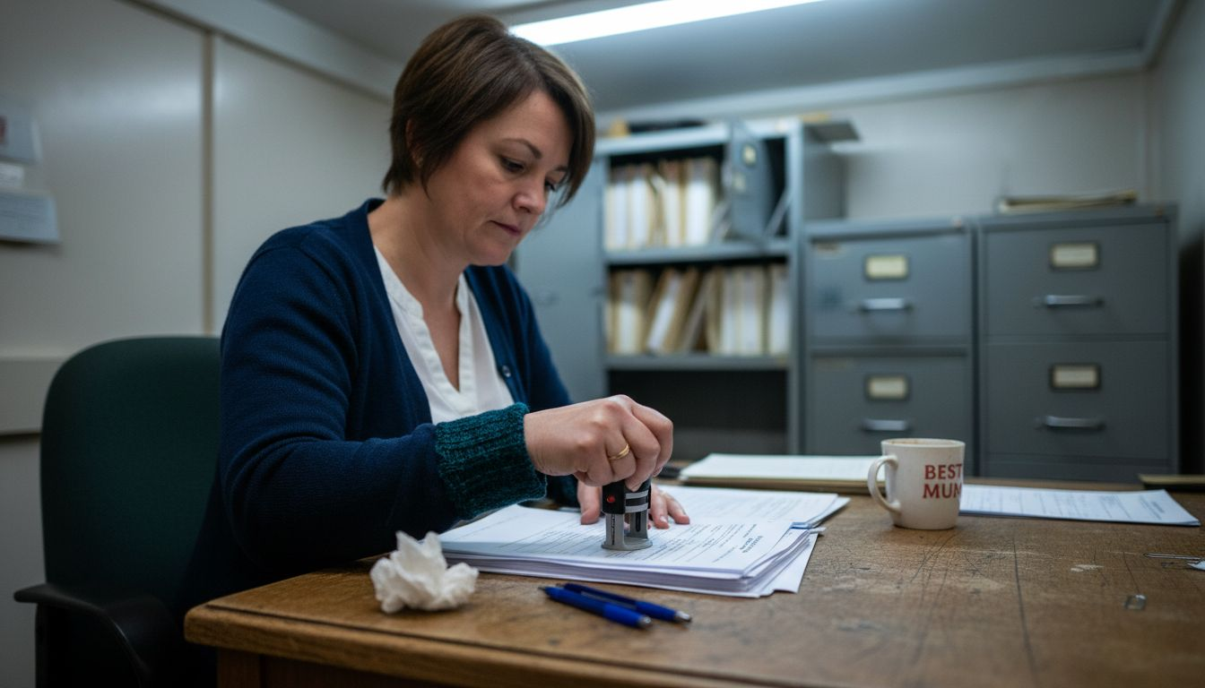 Administrator preparing cremation documents in office