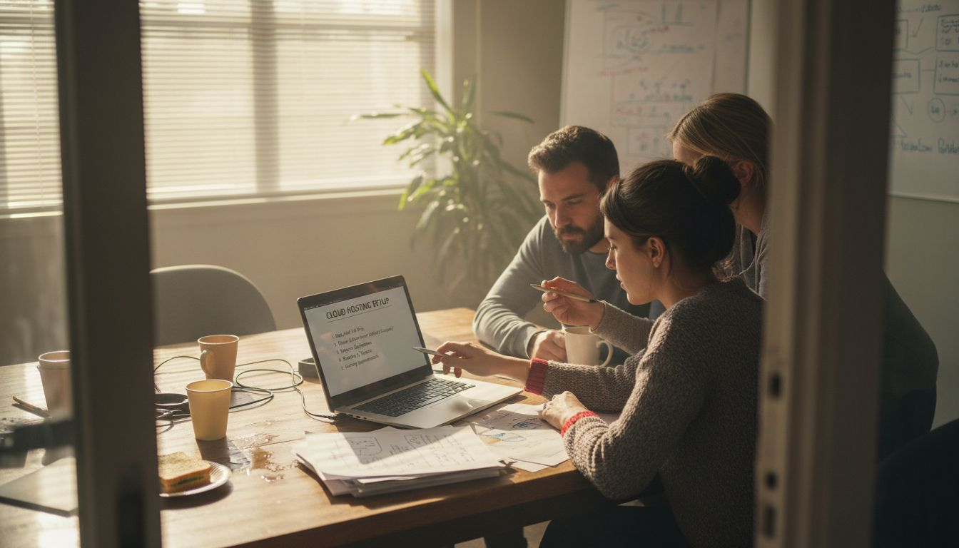 Business team collaborating on cloud hosting setup