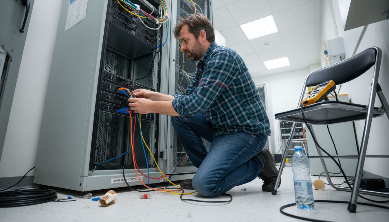 Administrator connecting cables in server room