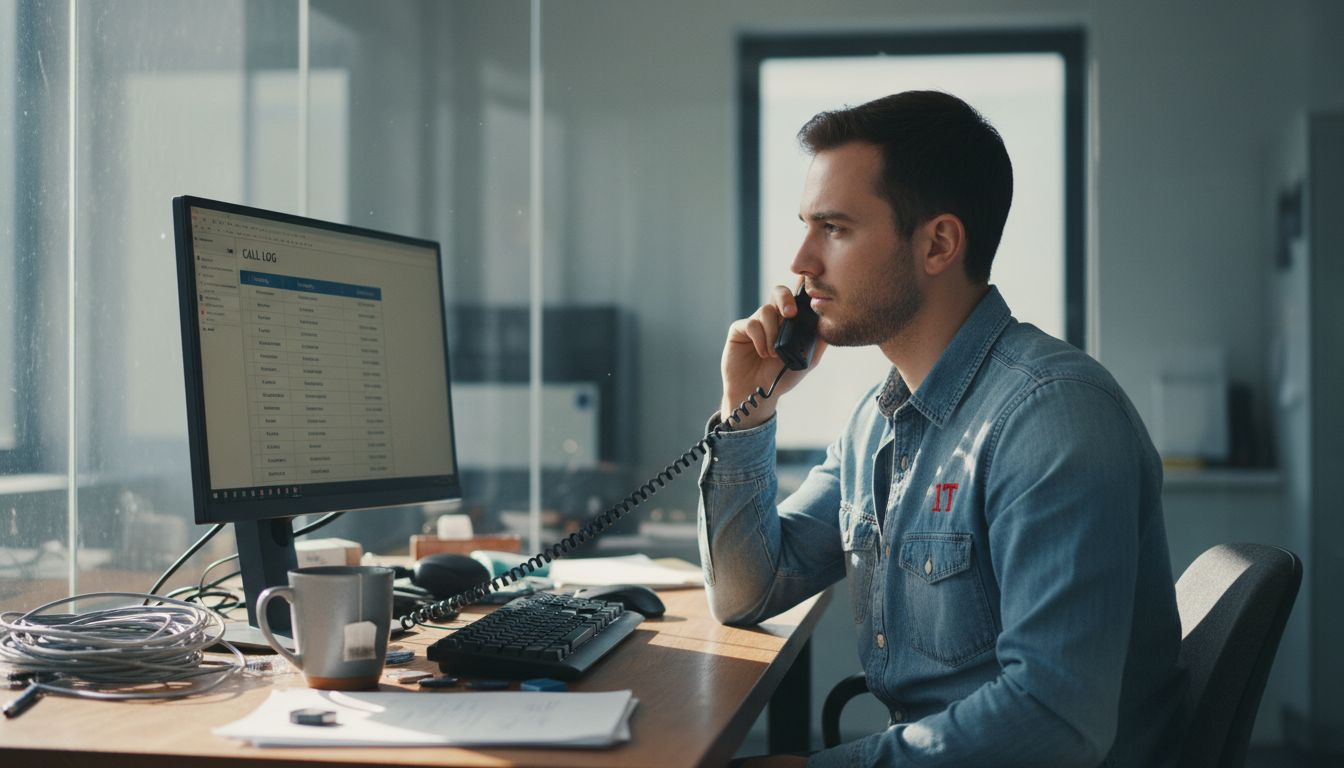 IT manager using VoIP at cluttered desk