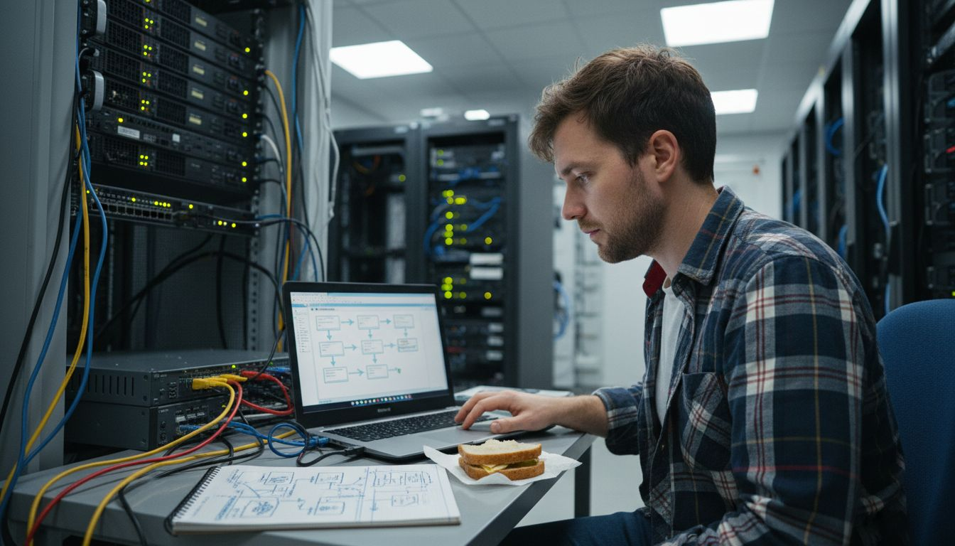 Systems architect assessing integration maps in server room