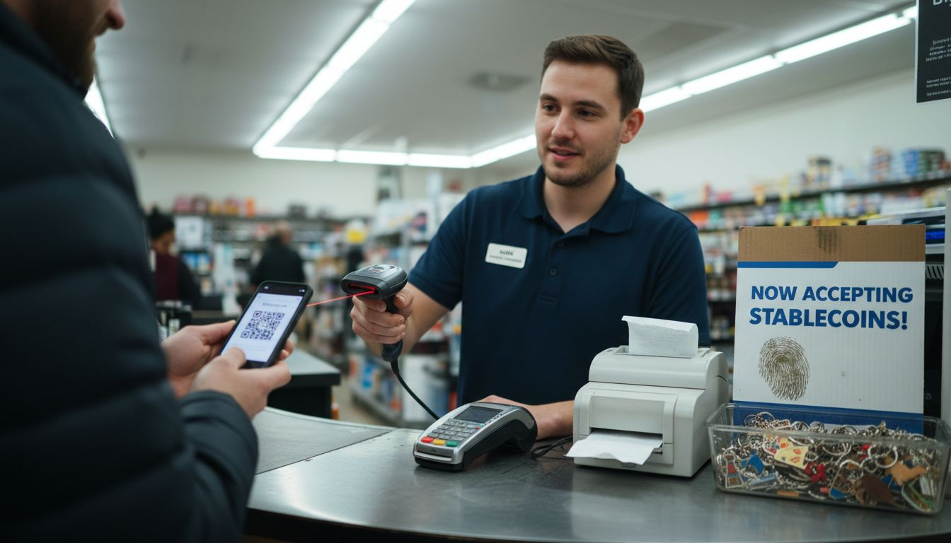 Cashier scanning stablecoin payment at register